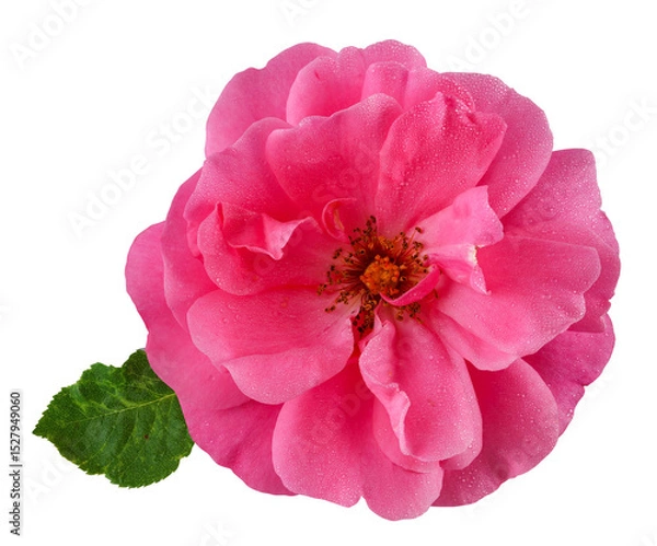 Fototapeta Wonderful magenta rose with dewdrops in top view. Garden flower cut out, including clipping path.