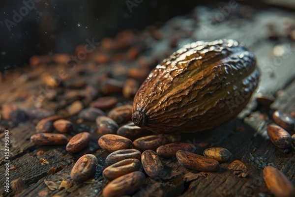 Fototapeta Flawless Visual of Raw Cocoa Beans and Cocoa Pod on a Wooden Surface