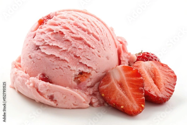 Obraz Delicious pink strawberry ice cream scoop with fresh strawberries on white background.