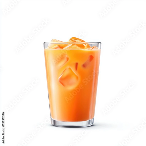 Obraz Refreshing orange drink with ice in clear glass on white background.