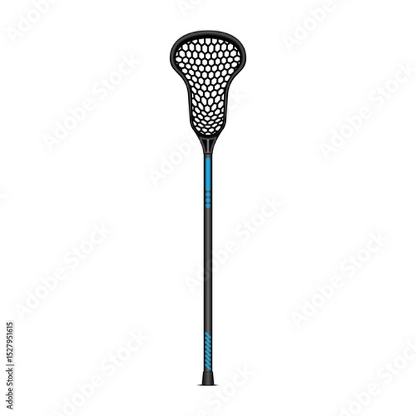 Obraz Lacrosse stick 3d realistic vector clipart with black shaft and hexagonal net isolated on white background front view, sports gear for fast-paced field game, practice or competition.