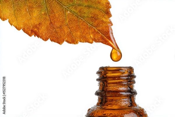 Obraz Essential oil dropping from fresh leaf to the bottle.
