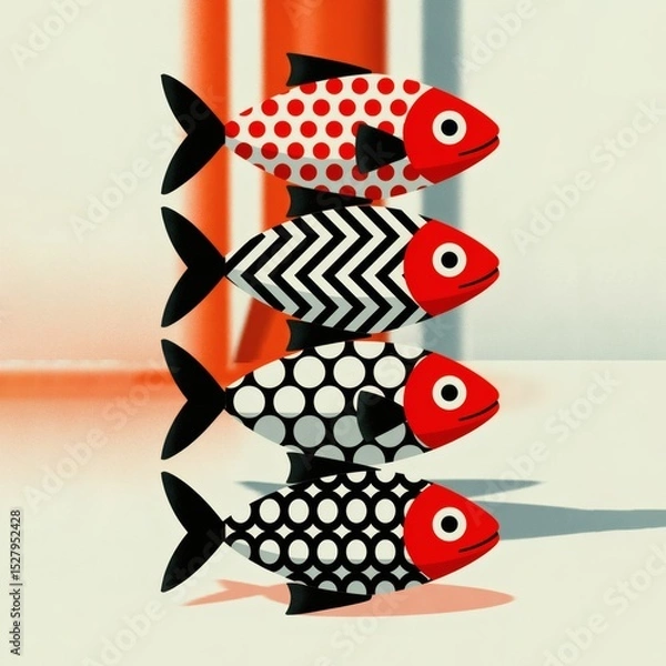 Obraz Elegant Geometric Fish: Modern Minimalist Art in Bold Black, White & Red