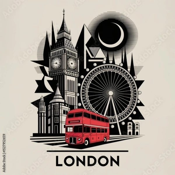 Obraz Iconic London: Geometric Black & White Art Print with Vibrant Red Bus Accent