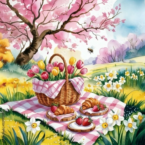 Obraz Spring Serenity: Watercolor Picnic by the River with Cherry Blossoms and Blooms