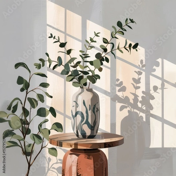 Obraz Serene Eucalyptus Still Life: Light and Shadow in a Cozy Interior Retreat