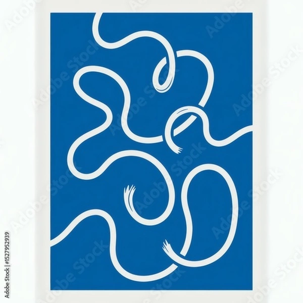 Obraz Serpentine Harmony: Minimalist Abstract in Cobalt Blue with Fluid White Lines