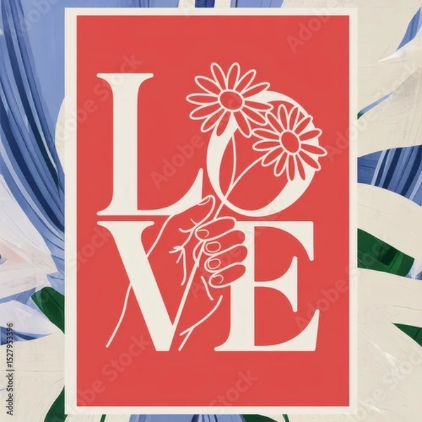 Obraz Modern Minimalist Love: Hand-Drawn Line Art with Daisies on Bold Red Background