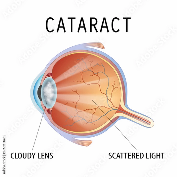 Obraz Human eye with cataract. Diagram and structure of the eyeball with a cloudy lens. Isolated on white background. Vector illustration.