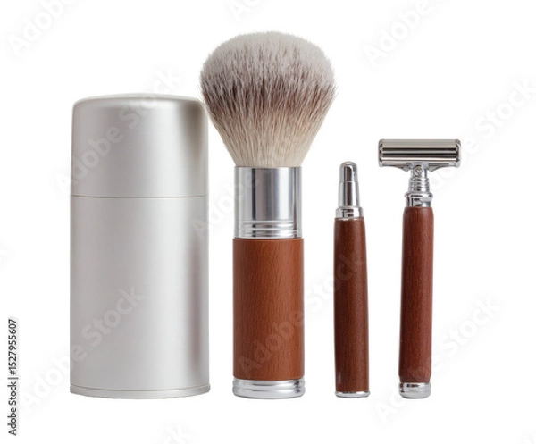 Obraz A stylish grooming kit set featuring a razor and shaving brush with wood accents, on a dark background.