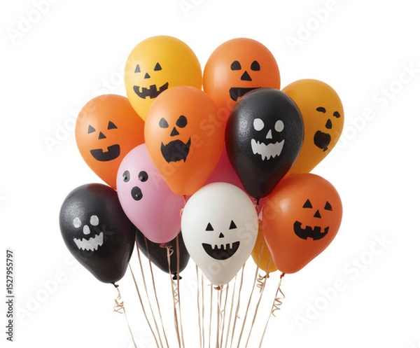 Obraz Halloween balloons featuring a variety of colors and friendly jack-o'-lantern and ghost faces.
