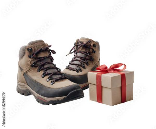 Obraz Hiking boots and a gift box, perfect for adventure and outdoor enthusiasts.