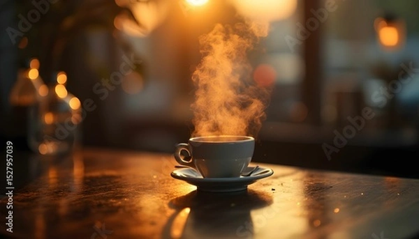 Obraz A cup of coffee steaming in golden light