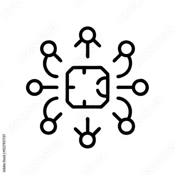 Obraz Outline icon showing multiple human figures connected to a central AI chip, representing collaborative intelligence and networked technology.
