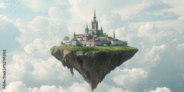 Obraz Fantasy Floating Island: A captivating view of a fantastical island floating amidst fluffy clouds, a mystical and architectural wonder, beckoning exploration and sparking the imagination.