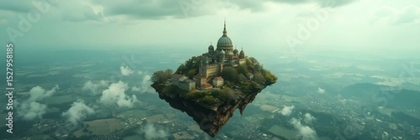 Obraz Skyward Sanctuary: A breathtaking view of a floating island, teeming with a stunning architectural marvel rising majestically, suspended in a tranquil, picturesque sky.