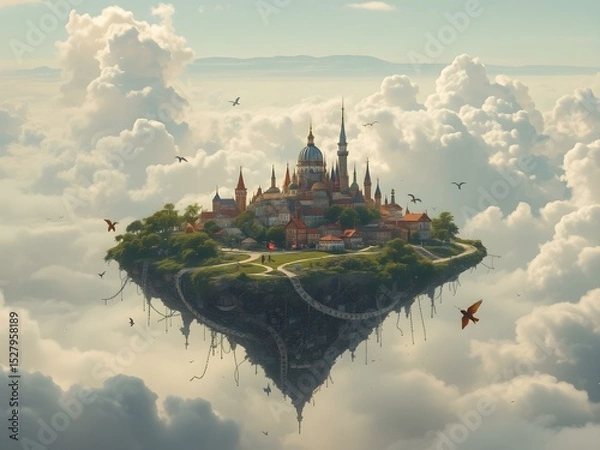 Obraz Floating City in the Sky: A majestic city rests peacefully amidst a sea of fluffy clouds. the scene features a picturesque landscape, inviting the viewer into a realm of fantasy and wonder.