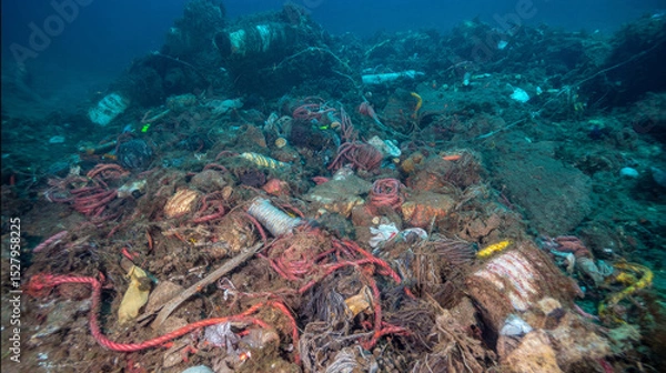 Fototapeta Lost fishing net resting on ocean seabed, representing ghost gear pollution problem in marine ecosystem. Underwater environmental damage caused by abandoned, discarded, or lost fishing equipment