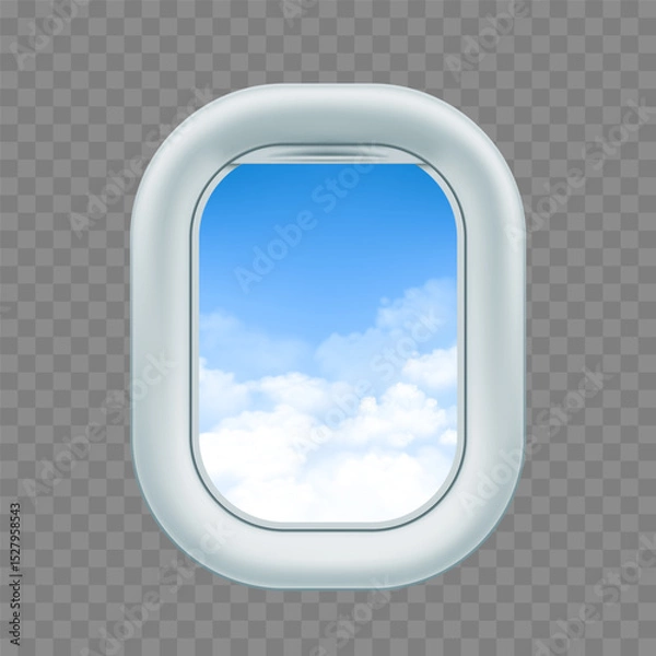 Obraz Aircraft window or porthole. View of the blue sky with clouds. Template isolated on transparent background