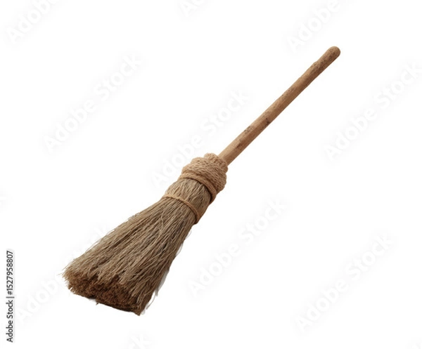 Obraz A traditional broom with a wooden handle and straw bristles on black background.