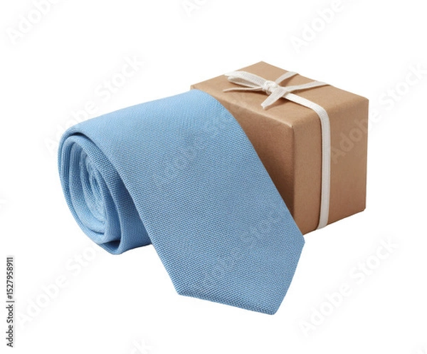 Obraz A light blue tie rests beside a wrapped gift box with a white ribbon.