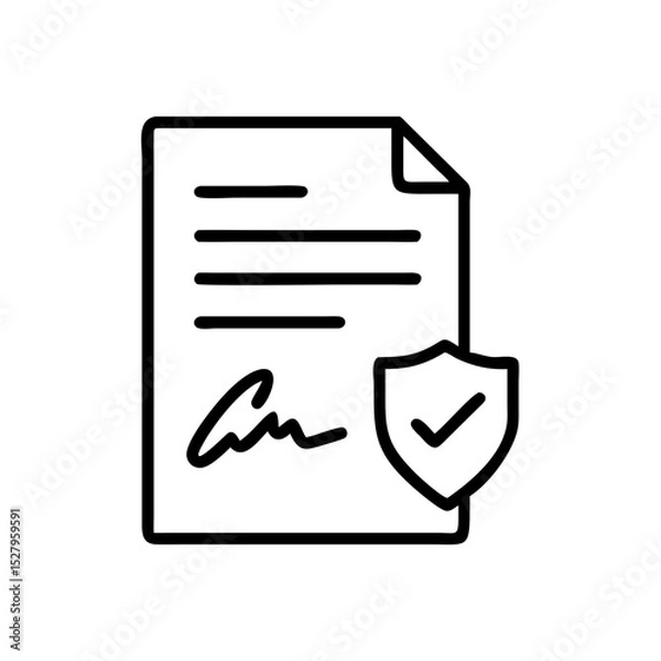 Fototapeta Signed document and shield icon representing security. It features a document with a signature and a shield icon with a checkmark, representing protection