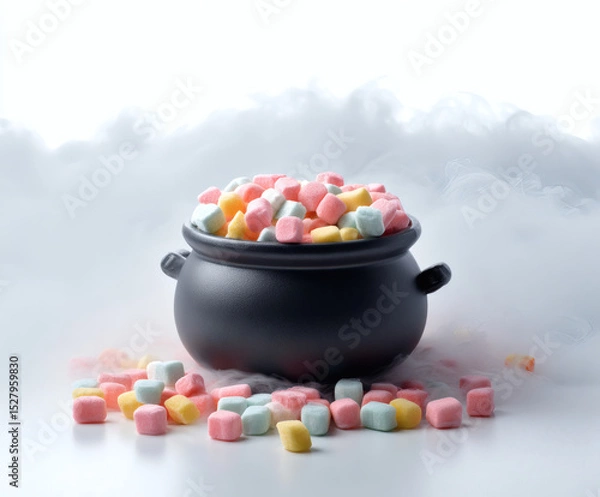 Obraz A black cauldron filled with colorful marshmallows surrounded by wisps of fog.