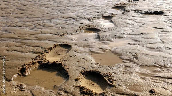 Fototapeta Footprints in the sand being erased by the tide, illustrating the fleeting nature of existence
