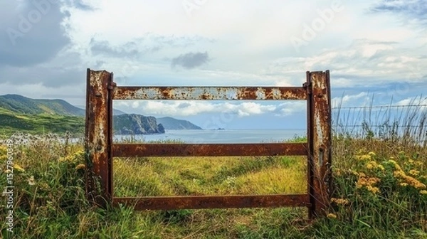 Fototapeta An old, rusted gate blocking access to a scenic garden, symbolizing an impediment to exploration and discovery