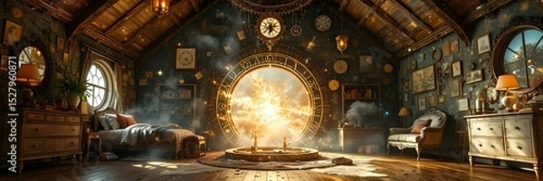 Obraz Magical Portal Room: A mystical room filled with antique furniture, curious objects, and a glowing portal. The room evokes a sense of wonder and mystery, hinting at a journey to a magical realm.