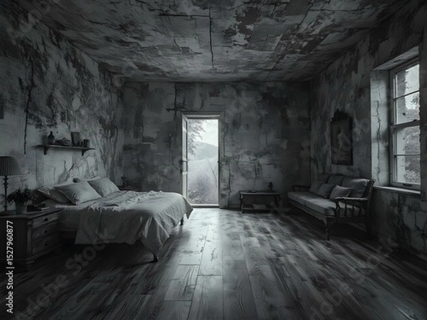Obraz Abandoned Bedroom: A monochromatic image of a derelict bedroom, featuring a weathered wooden floor, peeling walls, and an open door revealing a glimpse of a serene landscape.