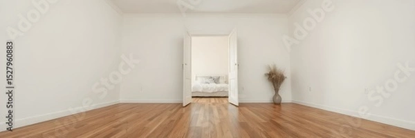 Obraz Serene Room with Open Door: An inviting interior space unfolds, featuring a hardwood floor, pristine walls, and an open door beckoning towards a softly lit room with natural light