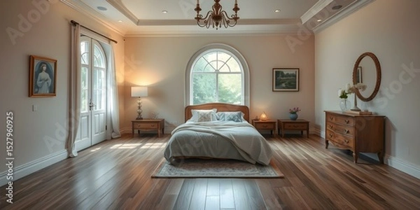 Obraz Luxury Bedroom: The interior of a spacious bedroom, bathed in soft light, showcases a harmonious blend of modern comfort and timeless elegance.