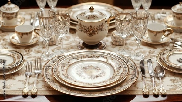 Fototapeta A fine dining table set with perfectly arranged dishes, sparkling cutlery, and an impeccable tablecloth