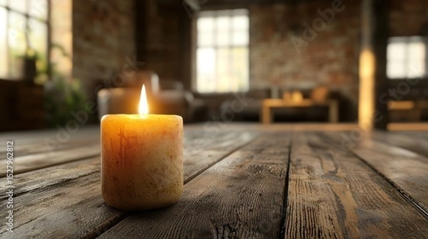 Fototapeta A candle slowly burning down in a dimly lit room, representing the impermanence of light and time