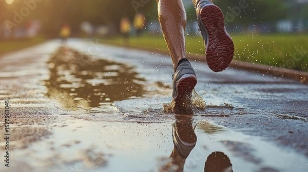 Fototapeta A runner encountering a large puddle on the track, illustrating the temporary impediments faced in reaching goals