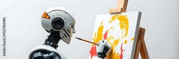 Fototapeta Artistic AI: A sleek, modern robot meticulously paints on a canvas, blending technology and creativity in a harmonious showcase of artificial intelligence and artistic expression.