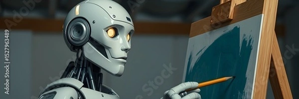 Obraz Artistic AI: A lifelike AI robot, in a striking display of innovation, meticulously paints on a canvas, blending technology with artistry.