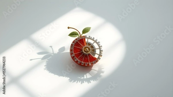 Fototapeta Clockwork Citrus: A close-up view of a whimsical, meticulously crafted mechanical fruit, showcasing gears and intricate details with a play of light and shadow.