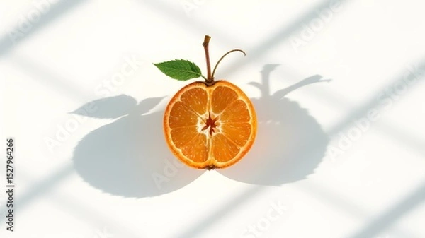 Obraz Playful Citrus Composition: A whimsical creation, where half of a juicy orange is artfully transformed into an apple, complete with a stem and a vibrant green leaf.