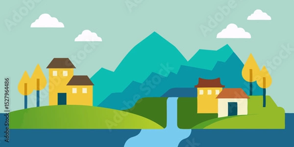 Fototapeta A quaint scenic beautiful remote and pretty village near cartoon video background scene vector illustration