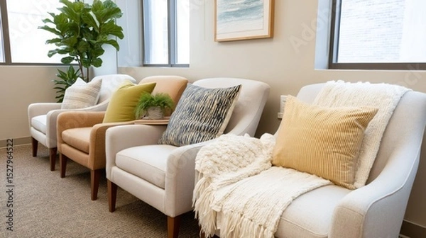 Fototapeta Three cozy armchairs in soft colors are arranged near a window, adorned with decorative pillows. A green plant adds a fresh touch to the soothing therapy office ambiance