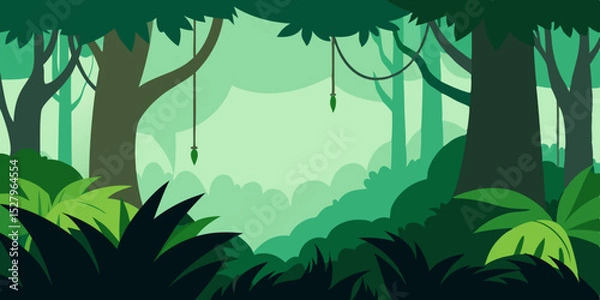Fototapeta A high looking dense verdant and lush jungle canopy cartoon video background scene vector illustration