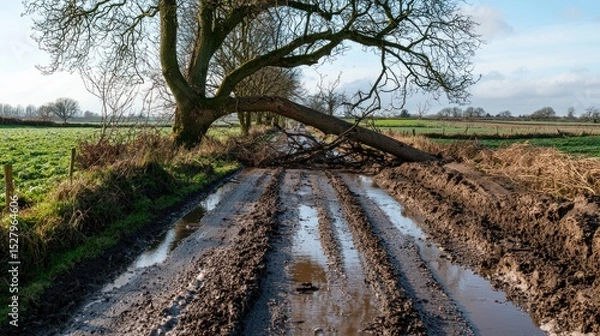 Fototapeta A muddy rural road blocked by a fallen tree, making it impassable for vehicles