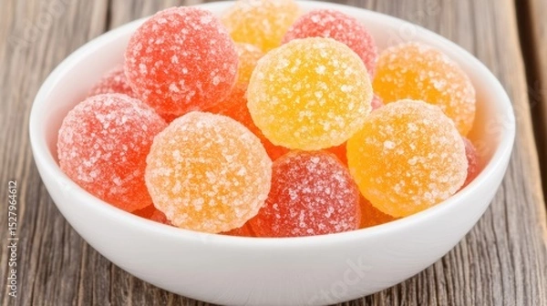 Obraz A vibrant bowl of colorful, sugar-coated gummy candies sits on a rustic wooden surface, perfect for showcasing flavors in food blogs, advertisements, or packaging design related to sweets and treats,