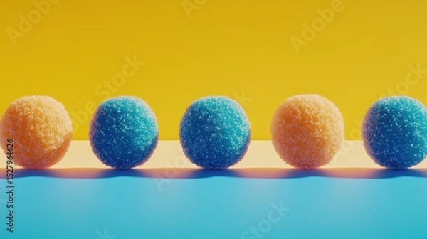 Obraz Colorful, textured spheres in orange and blue are aligned against a vibrant background, perfect for use in designs related to fun, creativity, or festive themes, Ideal for marketing and social media,