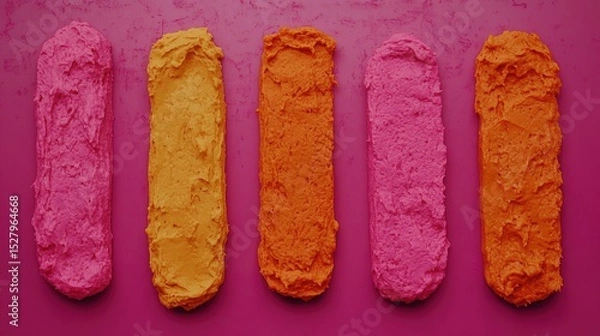 Obraz Brightly colored modeling pastes are arranged in stripes on a pink background, showcasing vibrant pink, orange, and yellow hues, Ideal for creative projects, baking, or art tutorials,