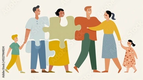 Fototapeta A family strolls together, each member holding a puzzle piece that represents their individual uniqueness and shared bond. This vibrant scene conveys a sense of togetherness and joy