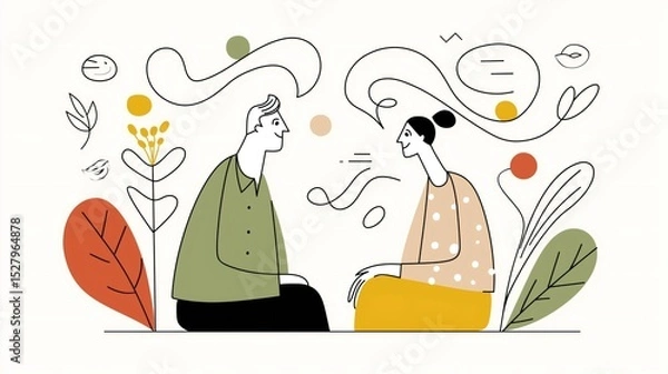 Fototapeta A line art illustration depicts a therapist and a client engaged in an open conversation, set in a soothing atmosphere enriched with nature-inspired elements