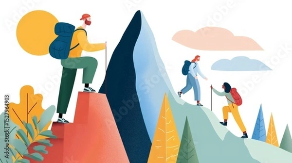 Fototapeta Three professional hikers are traversing a colorful mountain range under a bright sun. The diverse group enjoys their expedition amidst lush trees and stunning scenery during daylight
